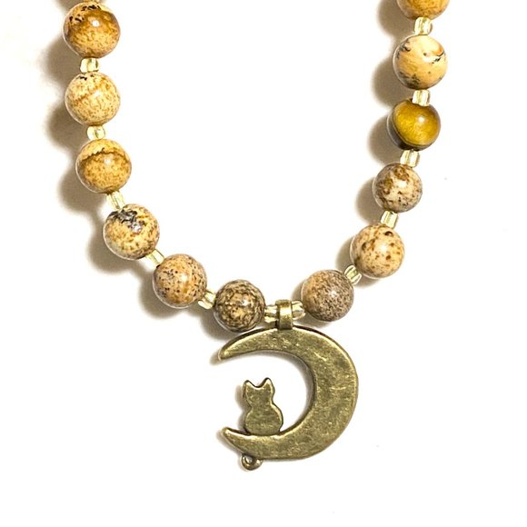 Jasper Stone Bronze Cat on the Moon Necklace, Genuine Gemstone Beaded Necklace - Picture 5 of 10